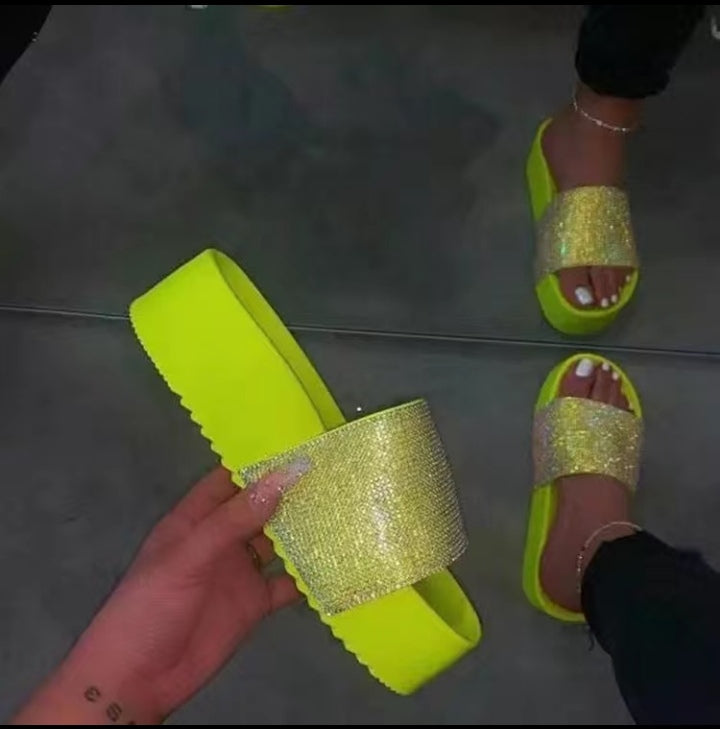 Shining diamond women shoes high heel gradient colors rainbow multi colors crystal lady slides sandals outdoor PCU thick sole slippers