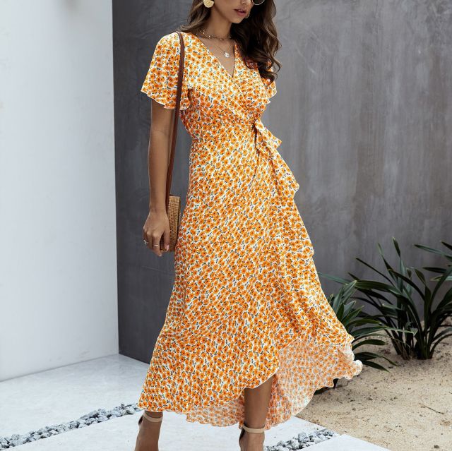 Summer Maxi Dress Women Polka Dot Sexy V Neck Ruffles Short Sleeve Holiday Long Beach Sundress Ladies Lace Up Wrap Party Dresses