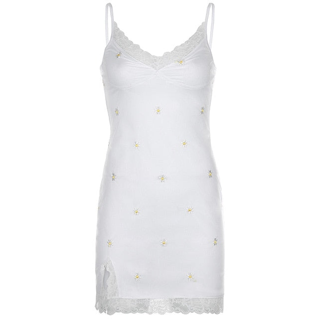 HEYounGIRL 90s Print Embroidery Lace Sexy Bodycon Dress Split Summer Mini Dresses Ladies Embroidery Sleeveless Short Dress Y2K