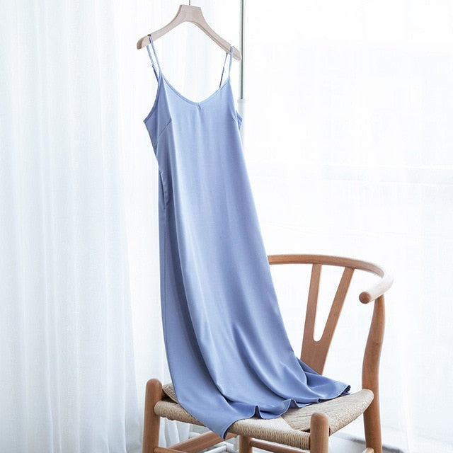 Fashion High Quality Women's Dress Summer Spaghetti Satin Long Woman Dress Very Soft Smooth Plus Size S-4XL M30262