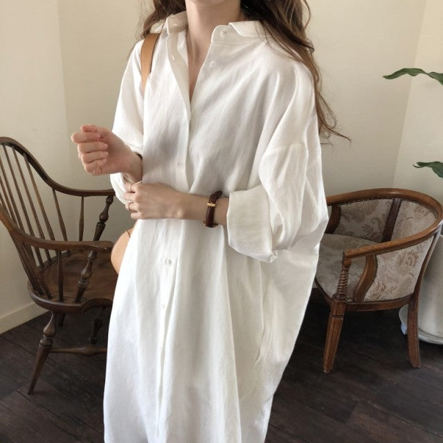 S-2XL Cotton New Summer Shirt Dress Pink Evening Vintage Dress Party Oversize Long Beach Women Dresses Loose Robe Vestido pure