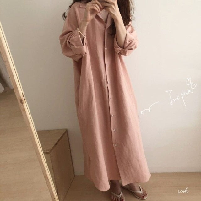 S-2XL Cotton New Summer Shirt Dress Pink Evening Vintage Dress Party Oversize Long Beach Women Dresses Loose Robe Vestido pure