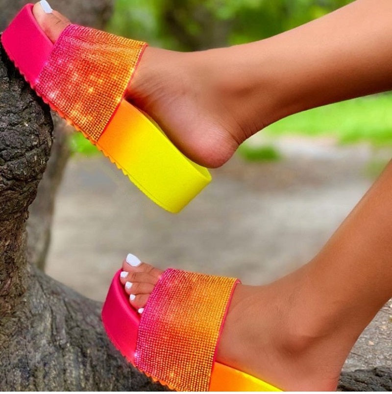 Shining diamond women shoes high heel gradient colors rainbow multi colors crystal lady slides sandals outdoor PCU thick sole slippers