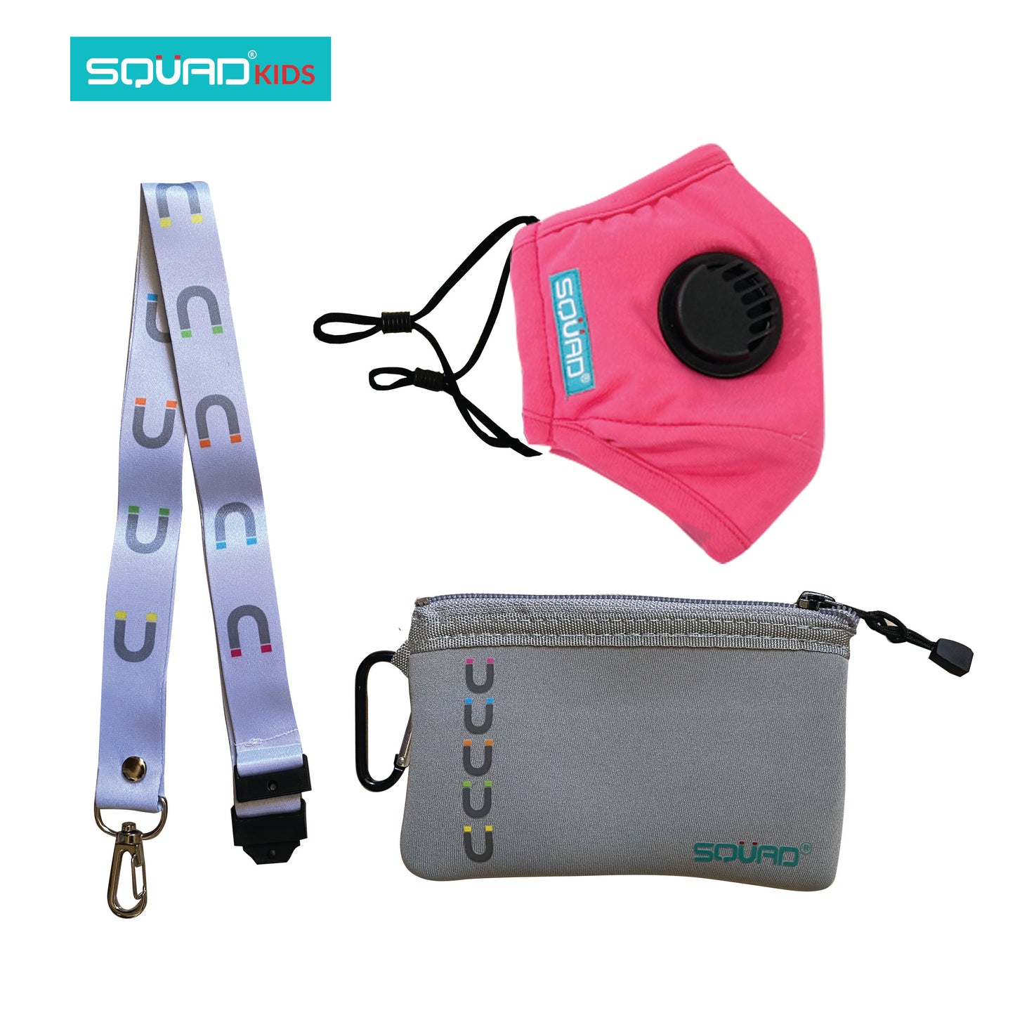 Kids Reusable and Washable Masks. Comes with a Neoprene pouch, carabiner and lanyard for easy storage and mobility