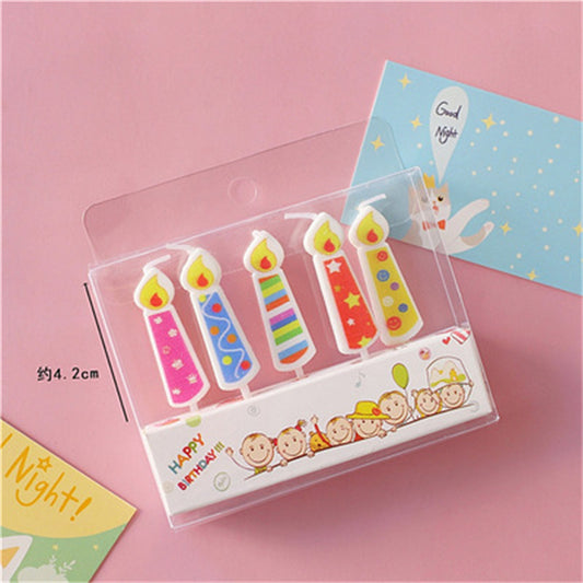 Retro colored print birthday candles, 5 coated colored candles