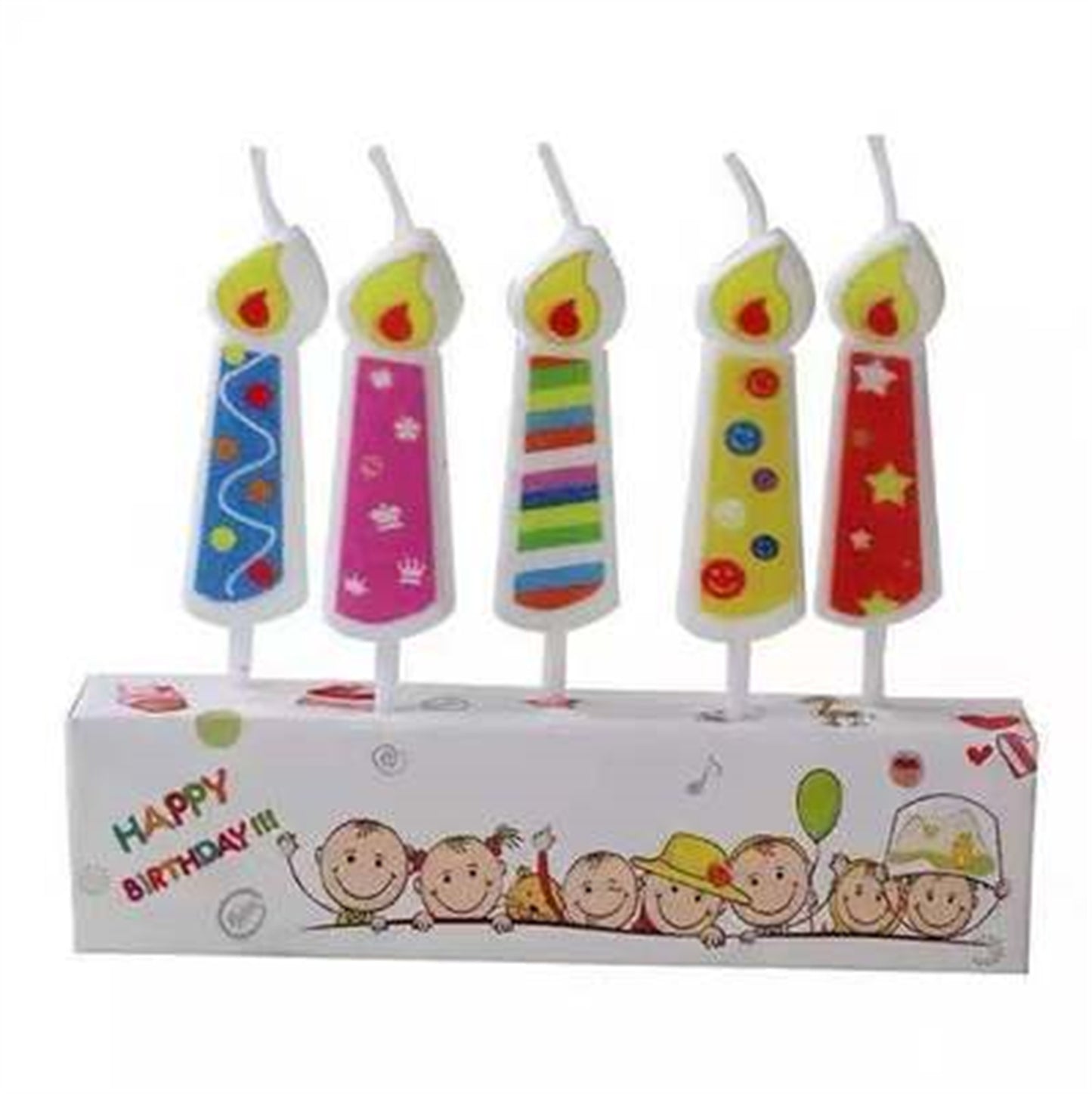 Retro colored print birthday candles, 5 coated colored candles