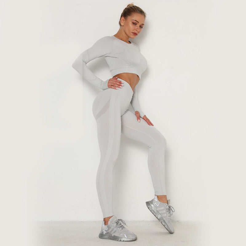 Women Seamless Workout Outfits Athletic Set Leggings + Long Sleeve Top