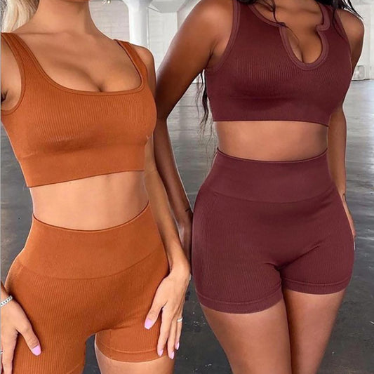 Women's 2 Piece Workout Sets Ribbed Crop Tank Sports Bra And Leggings Set High Waist Shorts Yoga Outfits