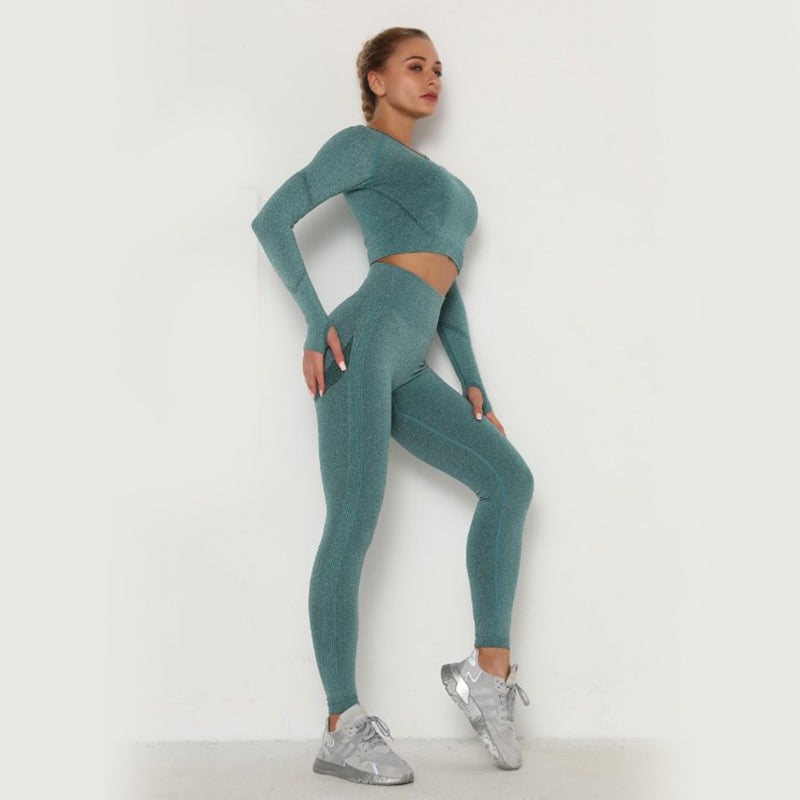 Women Seamless Workout Outfits Athletic Set Leggings + Long Sleeve Top