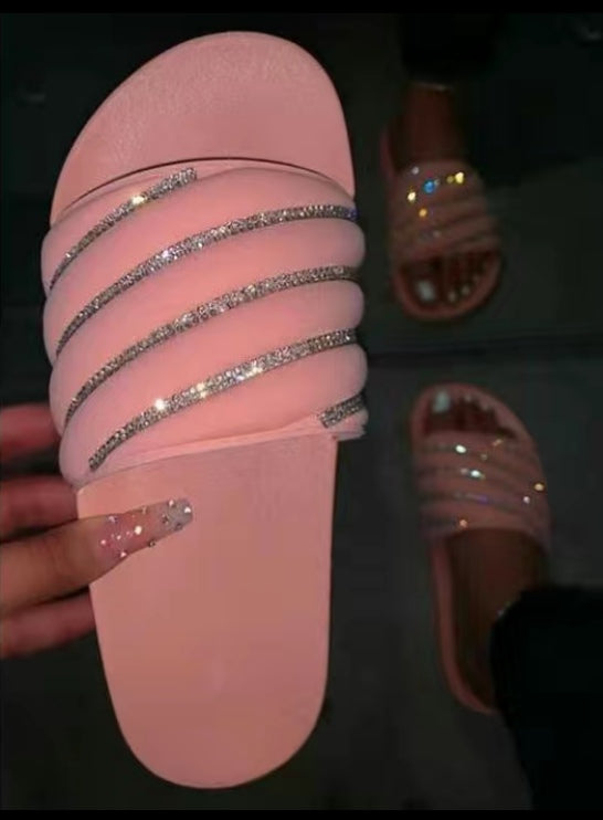 Women slippers tie dye sparkling crystal cotton upper outdoor diamond PVC lady slides