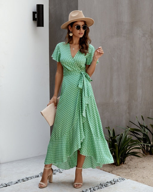 Summer Maxi Dress Women Polka Dot Sexy V Neck Ruffles Short Sleeve Hol –  Yiwu Mutual Trade